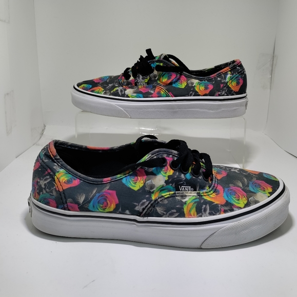 Vans Shoes - Vans low top black with rose print women's size 8.5